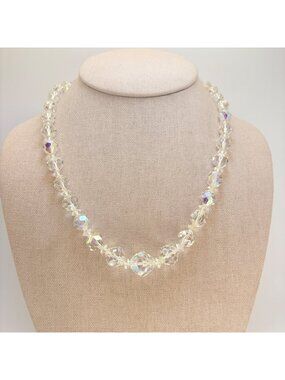 Faceted White Crystal Beaded Fashion Necklace VTG Gold Tone Size 18" Length
